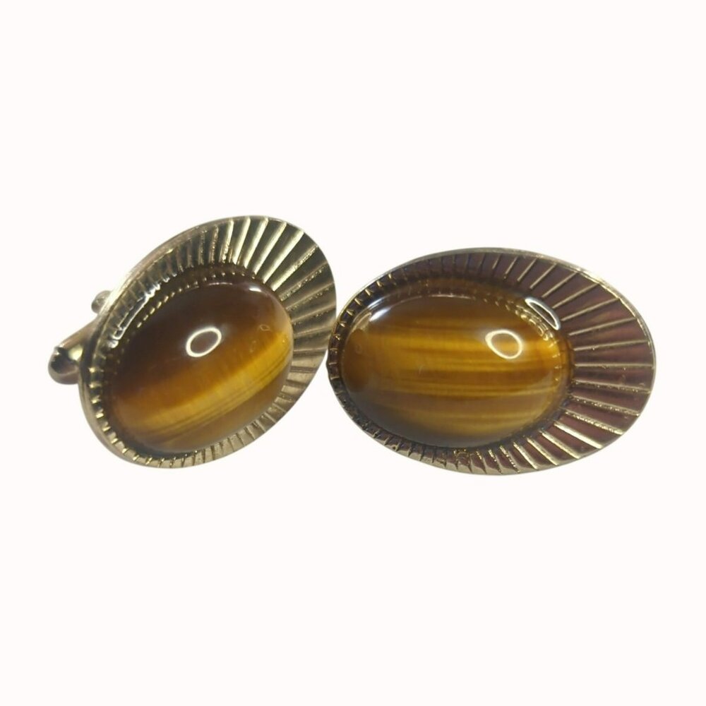 Vintage Shields Tigers Eye Gold Tone Cufflinks Oval Mid Century Modern